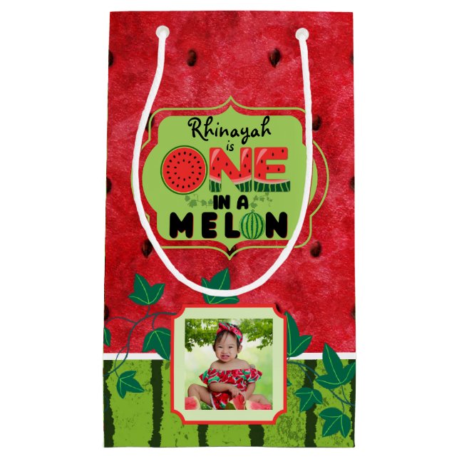 ONE in a Melon Watermelon 1st Birthday Two Photos  Small Gift Bag (Front)
