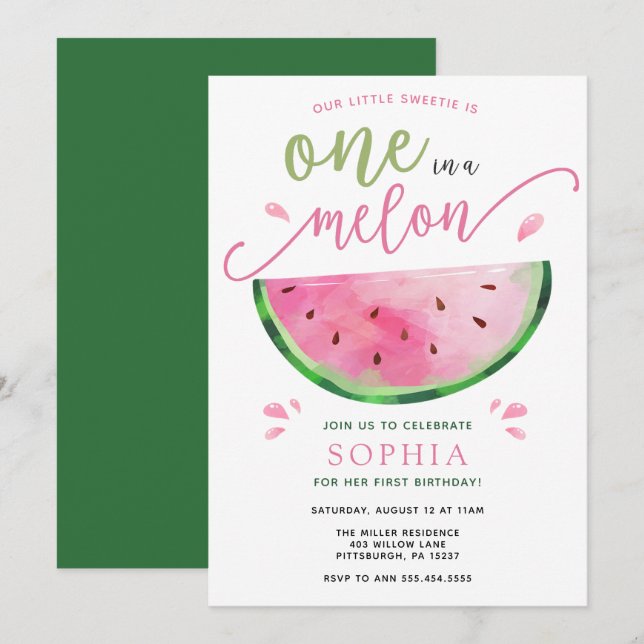 One in a Melon Watermelon Birthday Invitation (Front/Back)