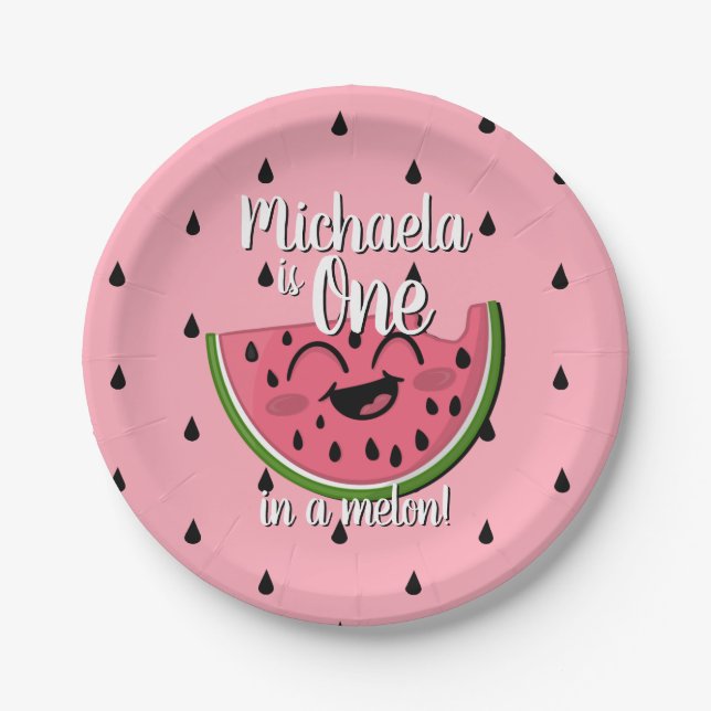 One in a Melon Watermelon Cute Pink First Birthday Paper Plate (Front)