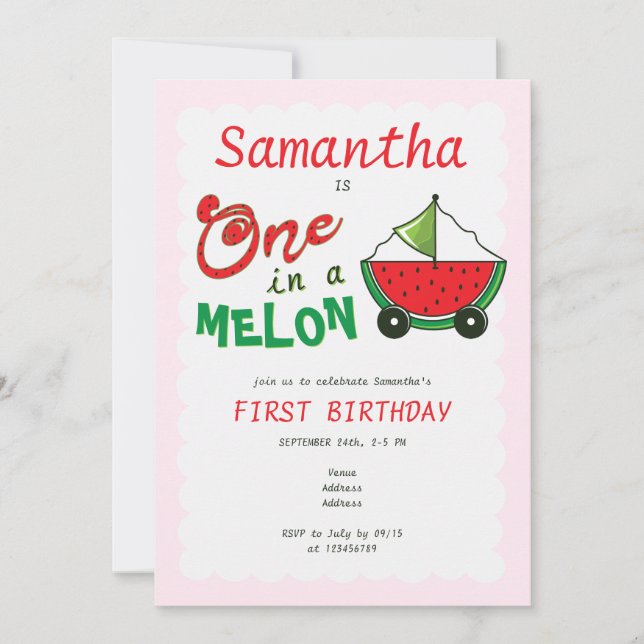 One in a Melon Watermelon Cute Toy 1st Birthday Invitation (Front)