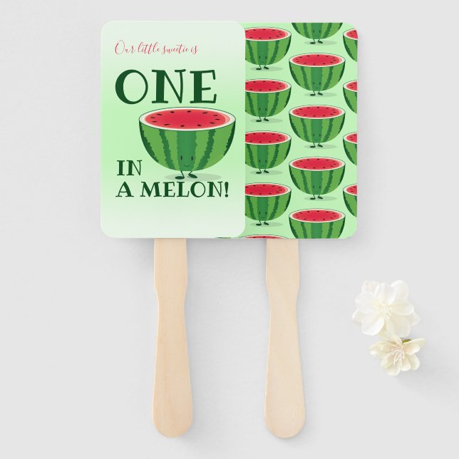 One in a Melon Watermelon First Birthday Cartoon Hand Fan (Front and Back)
