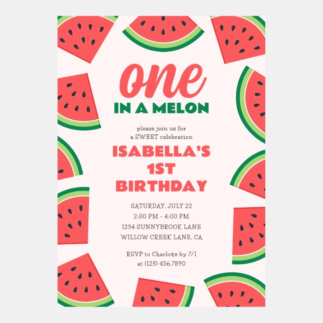 One in a Melon Watermelon First Birthday Invitation (Front)