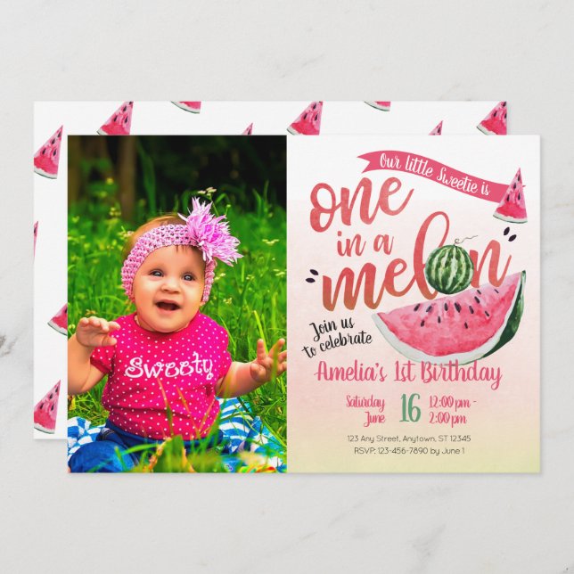 One in a Melon Watermelon First Birthday Invite (Front/Back)