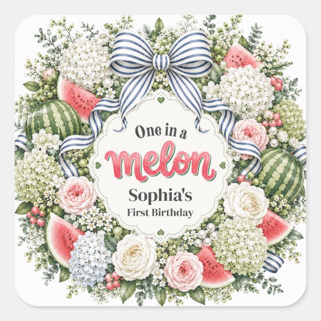 One in a Melon Watermelon Floral First Birthday Square Sticker (Front)