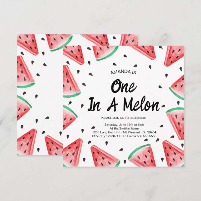 One in a Melon Watermelon Girl 1st Birthday  Invitation (Front/Back)
