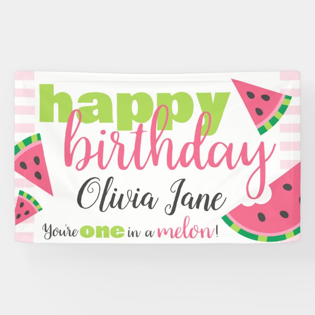 One in a Melon Watermelon Happy Birthday Custom Banner (Horizontal)