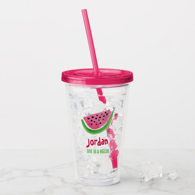 One In a Melon Watermelon Personalized Name Pink Acrylic Tumbler (Front Ice)