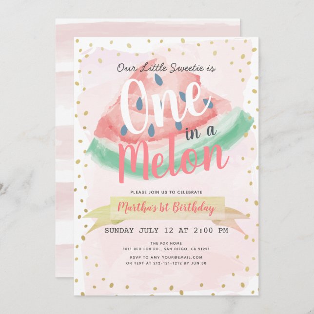 One in a Melon Watermelon Pink Girl 1st Birthday Invitation (Front/Back)