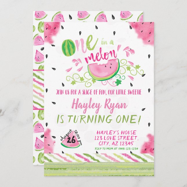 One In a Melon Watermelon Summer 1st Birthday Invitation (Front/Back)