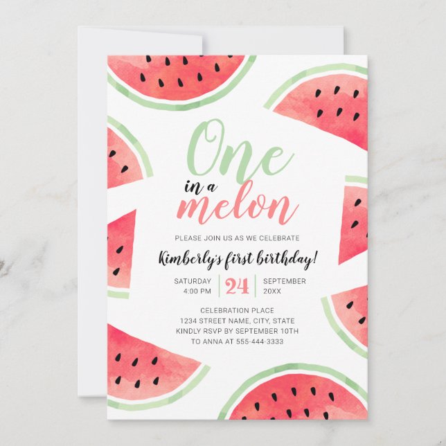 One In A Melon Watermelon Summer First Birthday Invitation (Front)