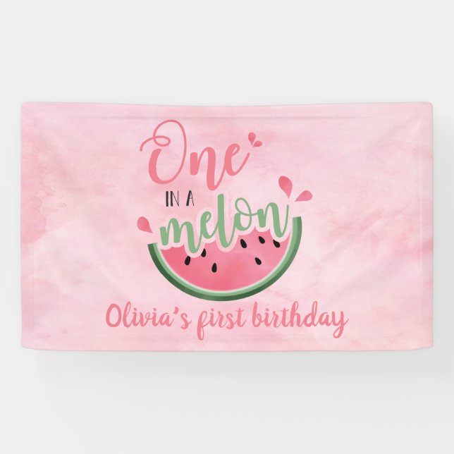 One in a Melon watermelon watercolor 1st birthday  Banner (Horizontal)