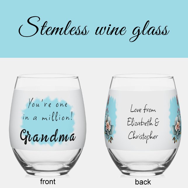 One in a million grandma floral blue stemless wine glass (Creator Uploaded)