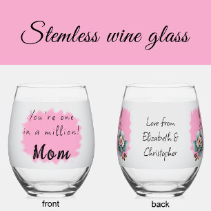 One in a million mom floral pink stemless wine glass