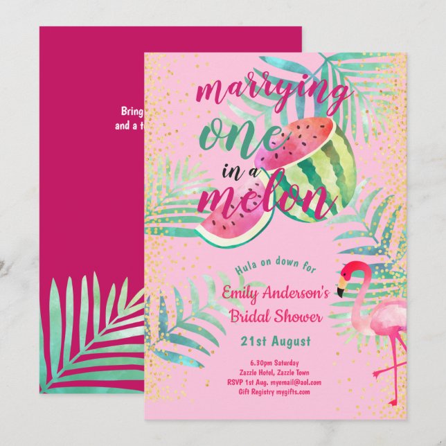 One in Melon Tropical Flamingo Watermelon Pink Grn Invitation (Front/Back)