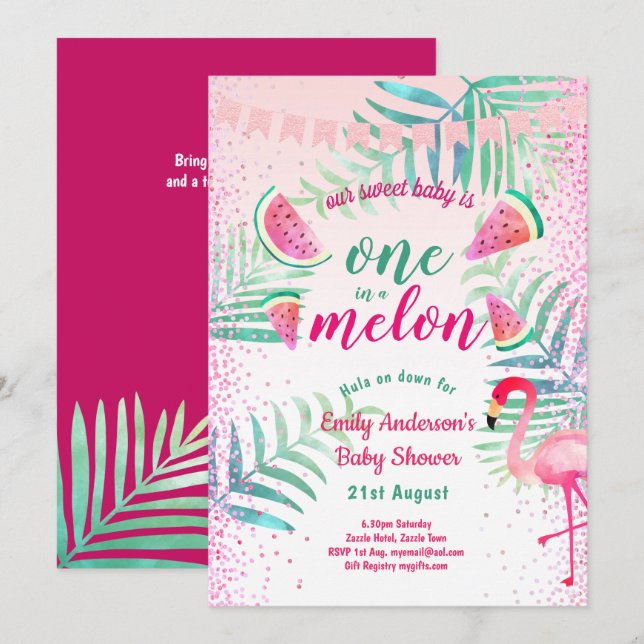 One in Melon Tropical Flamingo Watermelon Pink Invitation (Front/Back)