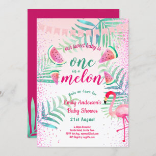 One in Melon Tropical Flamingo Watermelon Pink Invitation