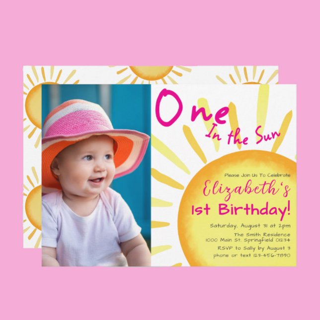 One In The Sun Pink and Orange First Birthday  Invitation (Creator Uploaded)