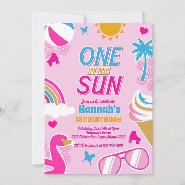 One in the Sun Pool Party Birthday Girl summer Invitation (Front)