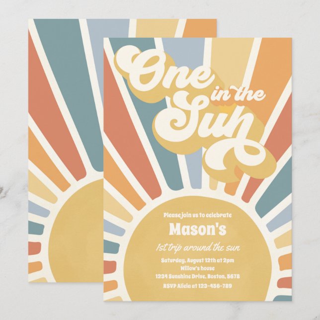 One In The Sun Retro Sunshine 1st Birthday Party Invitation (Front/Back)