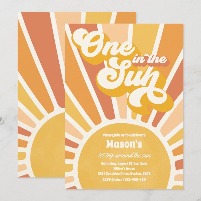 One In The Sun Retro Sunshine 1st Birthday Party Invitation (Front/Back)