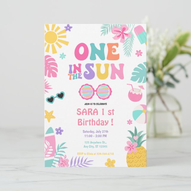 One in the Sun Tropical First Birthday Invitation (Standing Front)