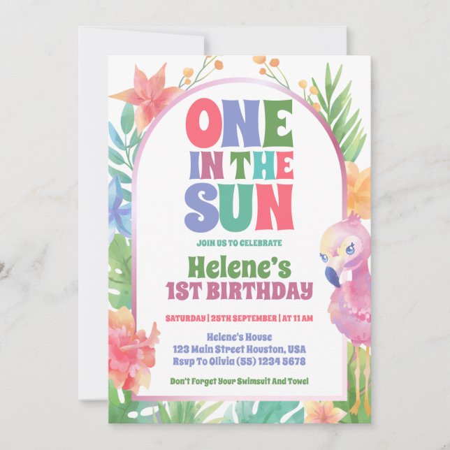 One In The Sun Tropical Summer 1st Birthday Party  Invitation (Front)