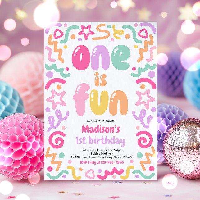 One Is Fun Colorful Confetti Balloon 1st Birthday Invitation (Creator Uploaded)