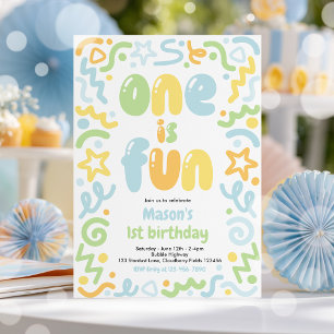 One Is Fun Colourful Confetti Balloon 1st Birthday Invitation