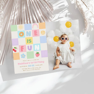 One is Fun Colourful Gingham 1st Birthday Photo Invitation