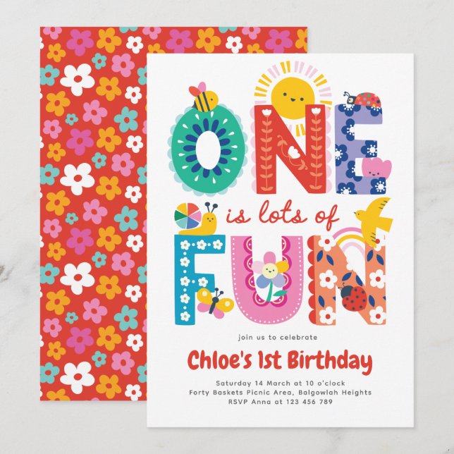 One is Fun Invitation, Girls First Birthday  Invitation (Front/Back)