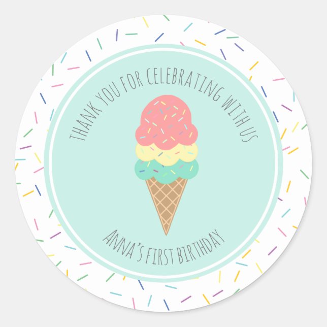 One is Sweet Ice Cream First Birthday Favour Classic Round Sticker (Front)