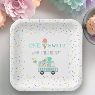 One is sweet ice cream party paper plates
