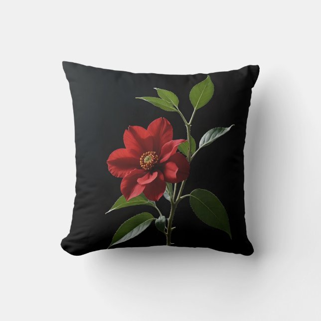 One isolated red flower on black background throw pillow (Front)