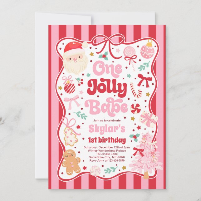 One Jolly Babe Christmas Coquette Bow 1st Birthday Invitation (Front)