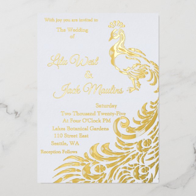 One Large Peacock Wedding Foil Invitation (Front)