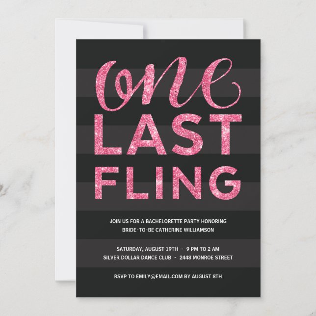 One Last Fling | Glitter-Look Bachelorette Party Invitation (Front)