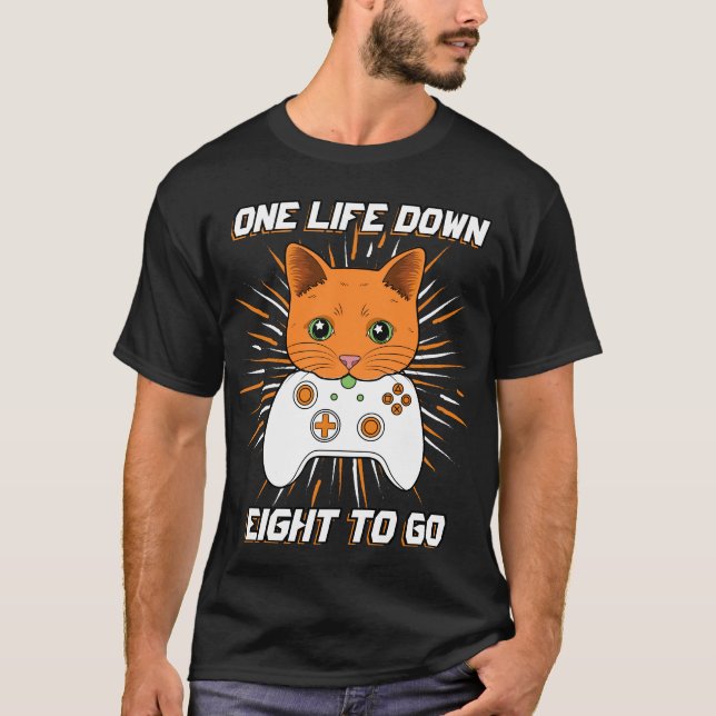One Life Down Orange Cartoon Cat Controller Gamer  T-Shirt (Front)
