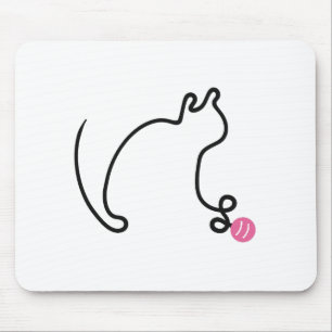 One Line Cat Playing with Pink Yarn Ball Mouse Pad