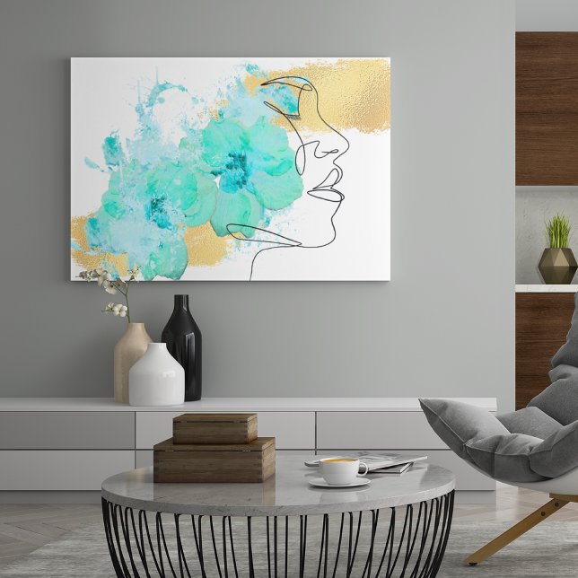 One line face art with blue flowers stains gold canvas print (Creator Uploaded)