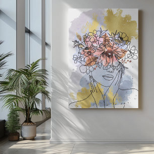 One line face art with flowers crown hiding eyes   canvas print