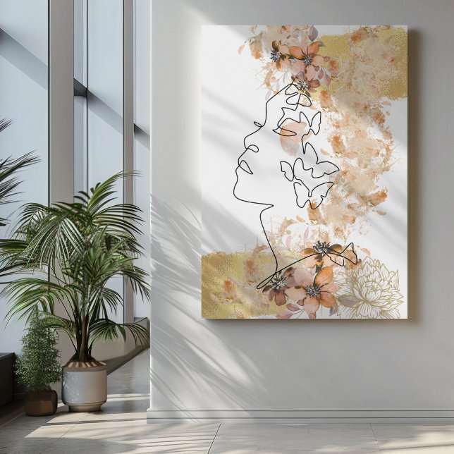 One line face art with peach flower stains gold canvas print (Creator Uploaded)