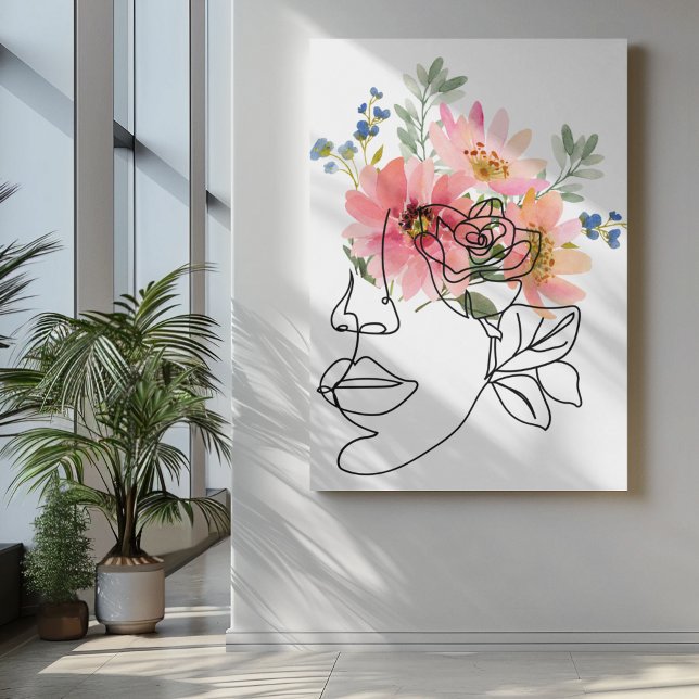 One line face art with pink botaical flower eye canvas print (Creator Uploaded)