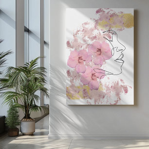 One Line face art with pink Flowers stains gold Canvas Print