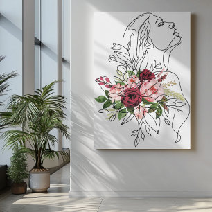 One line girl art with flowers in pink maroon  canvas print