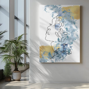 One line side face blue flowers butterfly on eye  canvas print