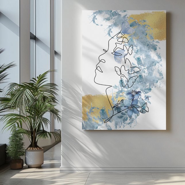 One line side face blue flowers butterfly on eye  canvas print (Creator Uploaded)