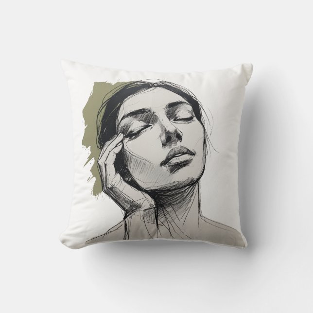 One-Line Thinking Face with Hand – Minimalist Pill Throw Pillow (Front)