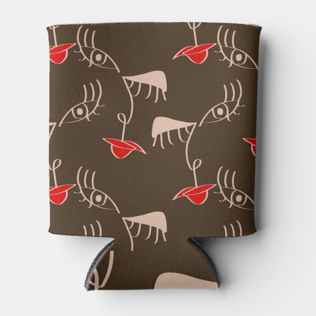 One-line woman face: abstract pattern. can cooler (Front)