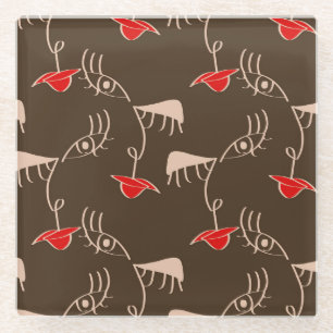 One-line woman face: abstract pattern. glass coaster