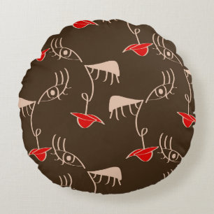 One-line woman face: abstract pattern. round pillow